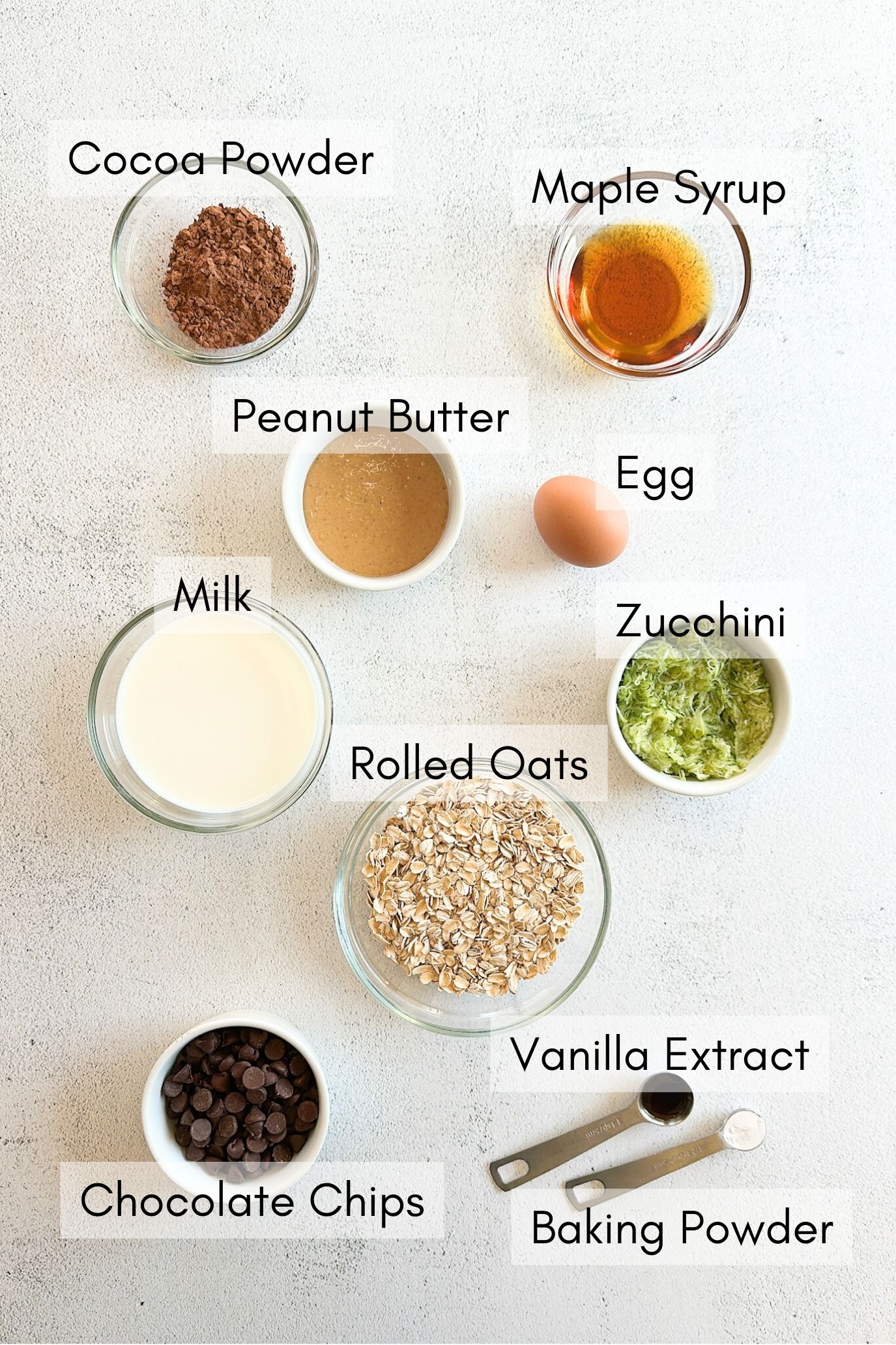 Ingredients to make chocolate baked oatmeal.
