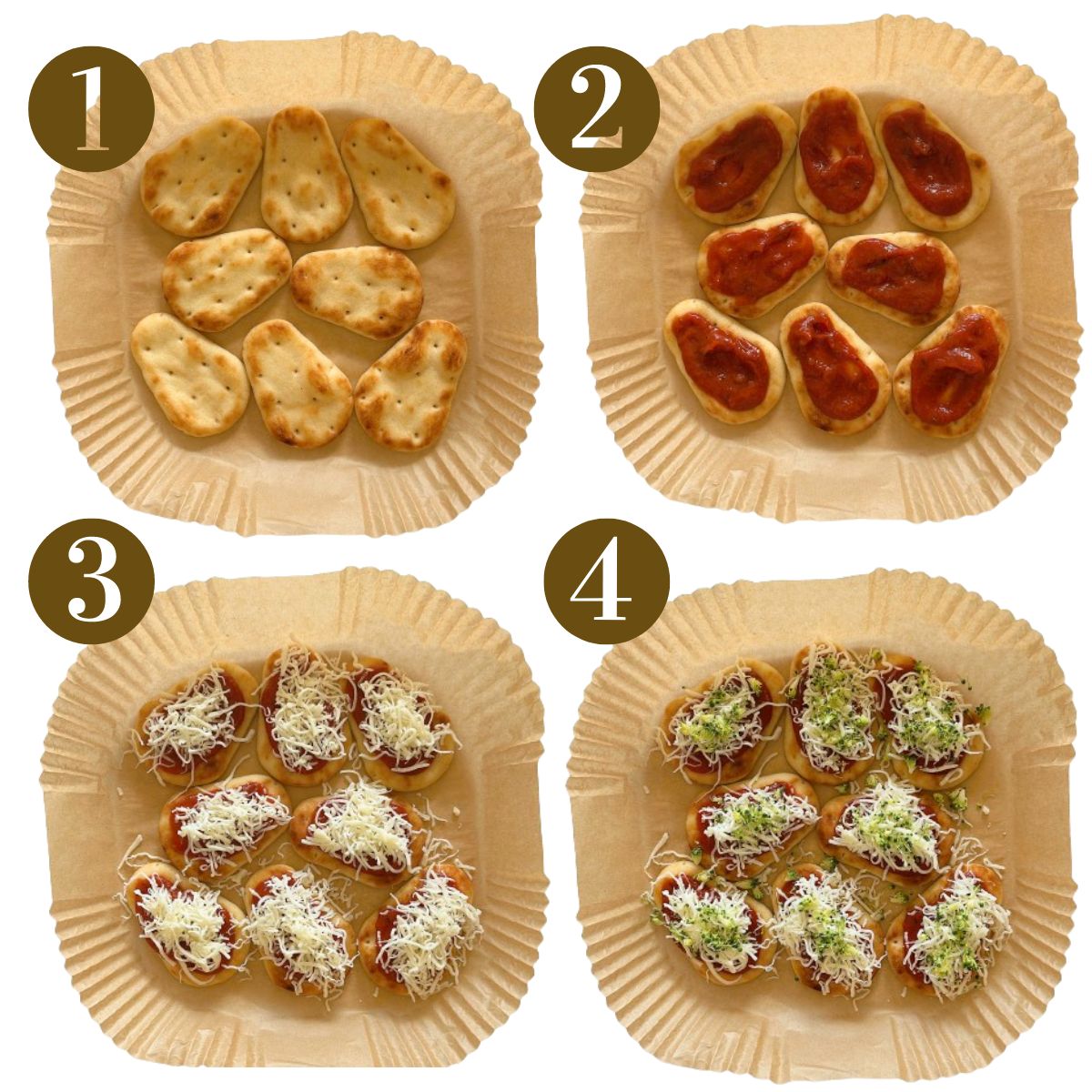 Steps to make air fryer naan pizza.