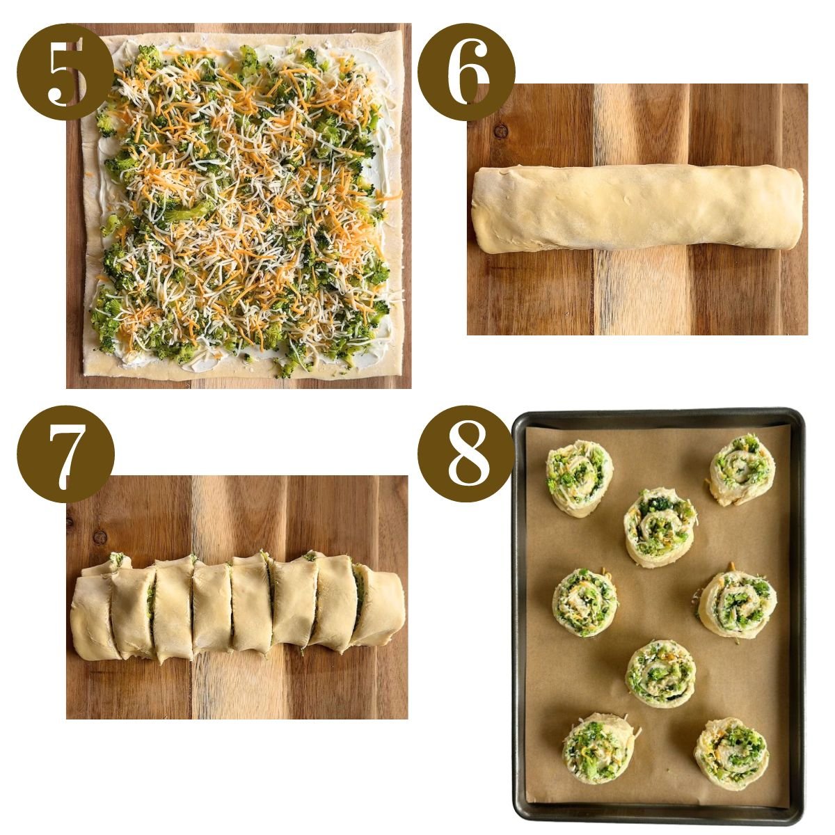 Steps to make broccoli cheese pinwheels.