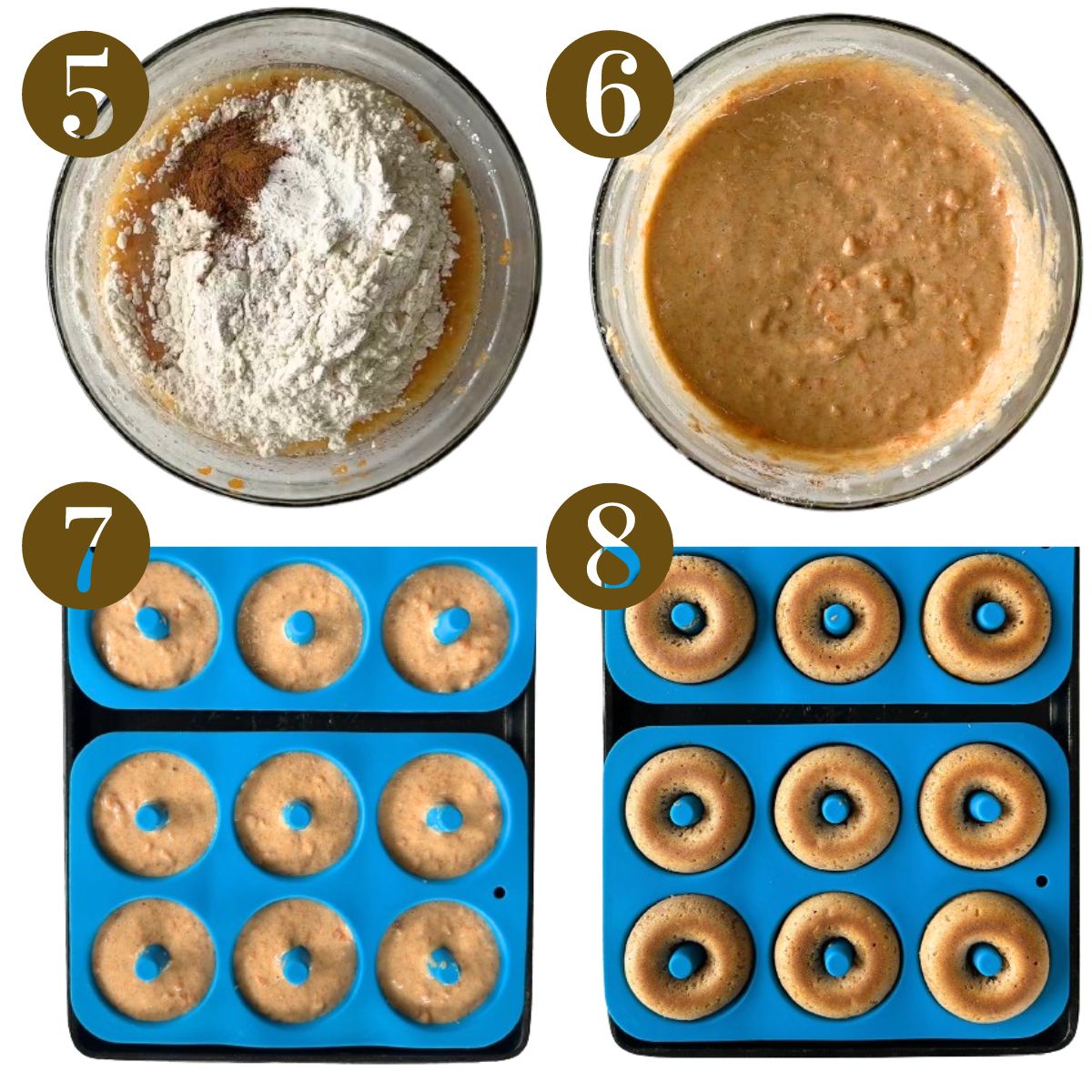 Steps to make carrot cake donuts.