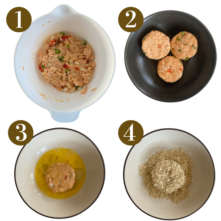 Steps to make salmon cakes. Specifics provided in recipe card.