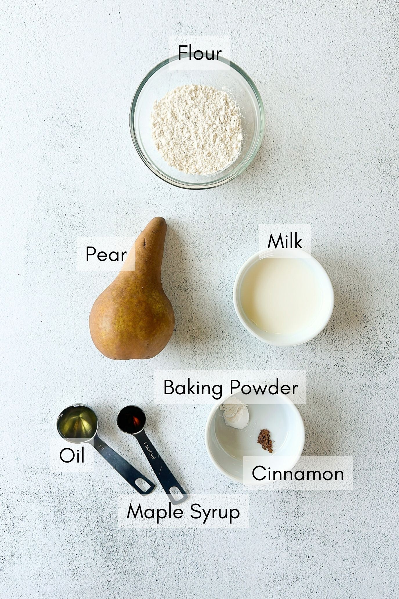 Ingredients to make pancakes with pears.