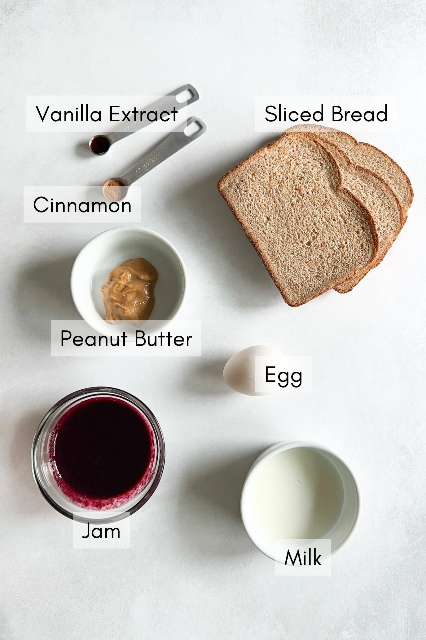 Ingredients to make peanut butter jelly French toast.