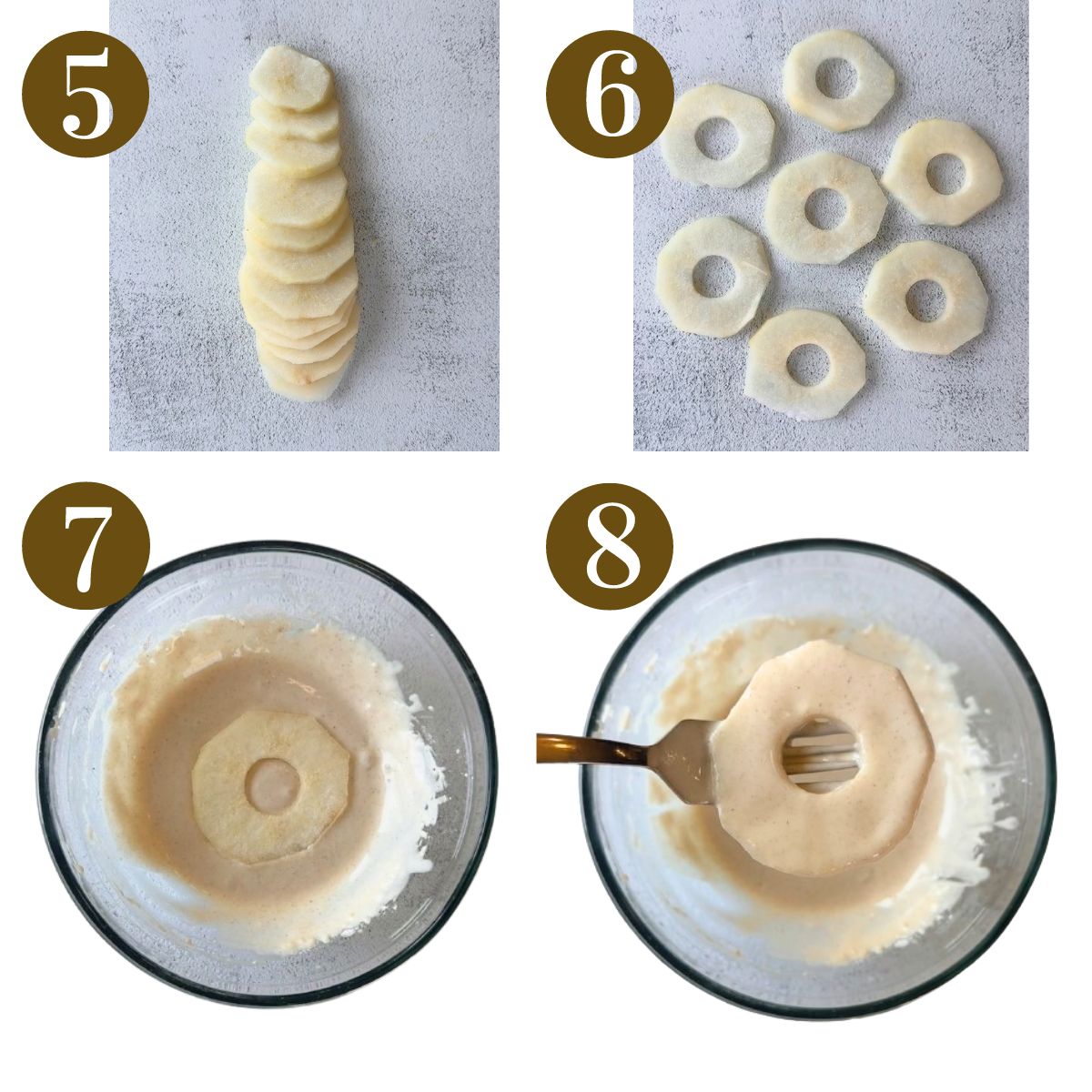 Steps to make dipped pancakes with pears.
