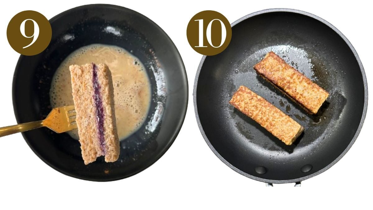 Steps to make peanut butter and jelly French toast.