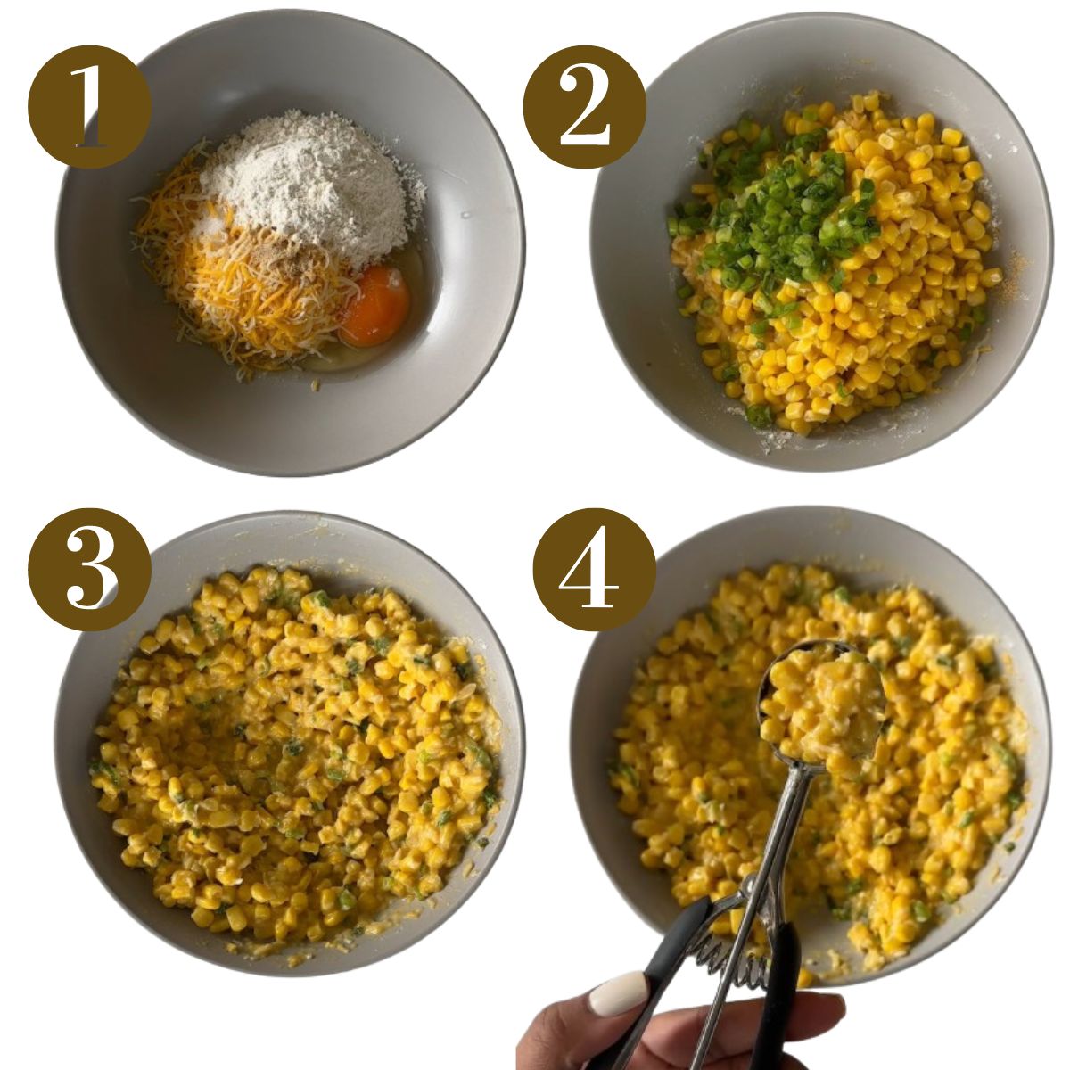 Steps to make sweet corn fritters.