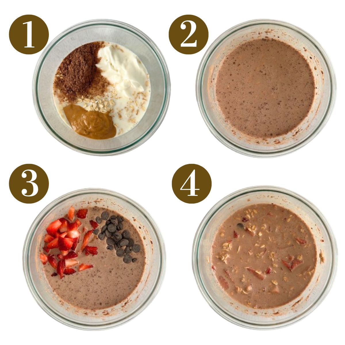 Steps to make strawberry chocolate overnight oats.