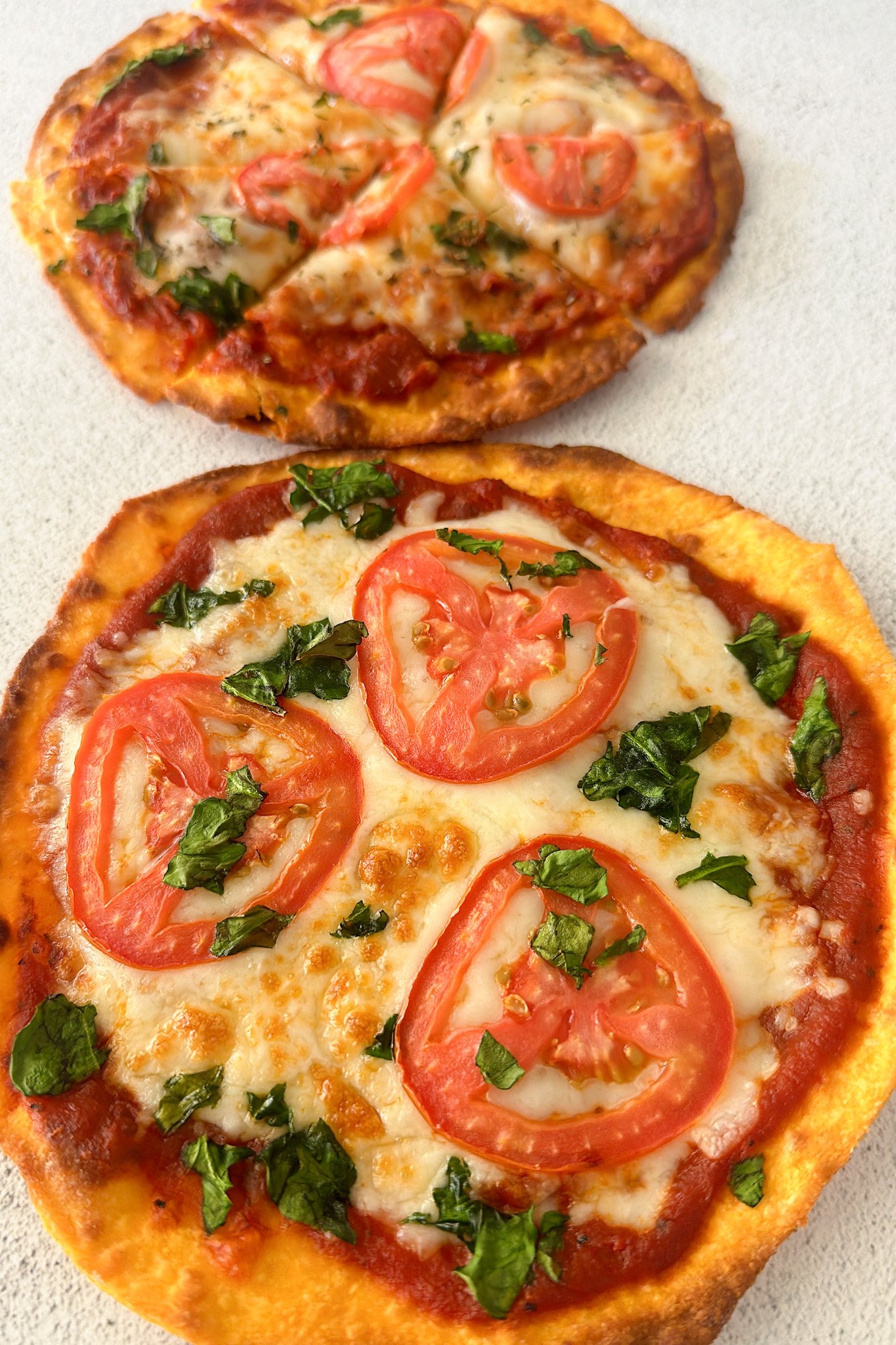 Air fryer tortilla pizzas freshly cooked.