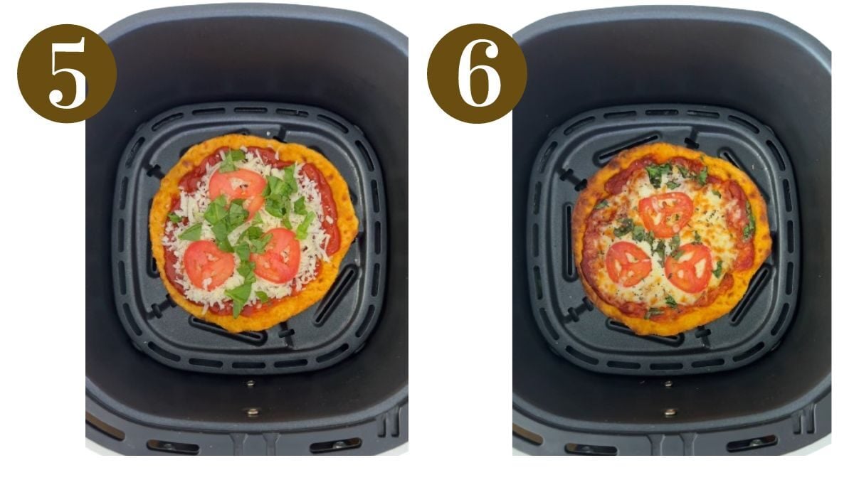 Steps to make air fryer tortilla pizzas.