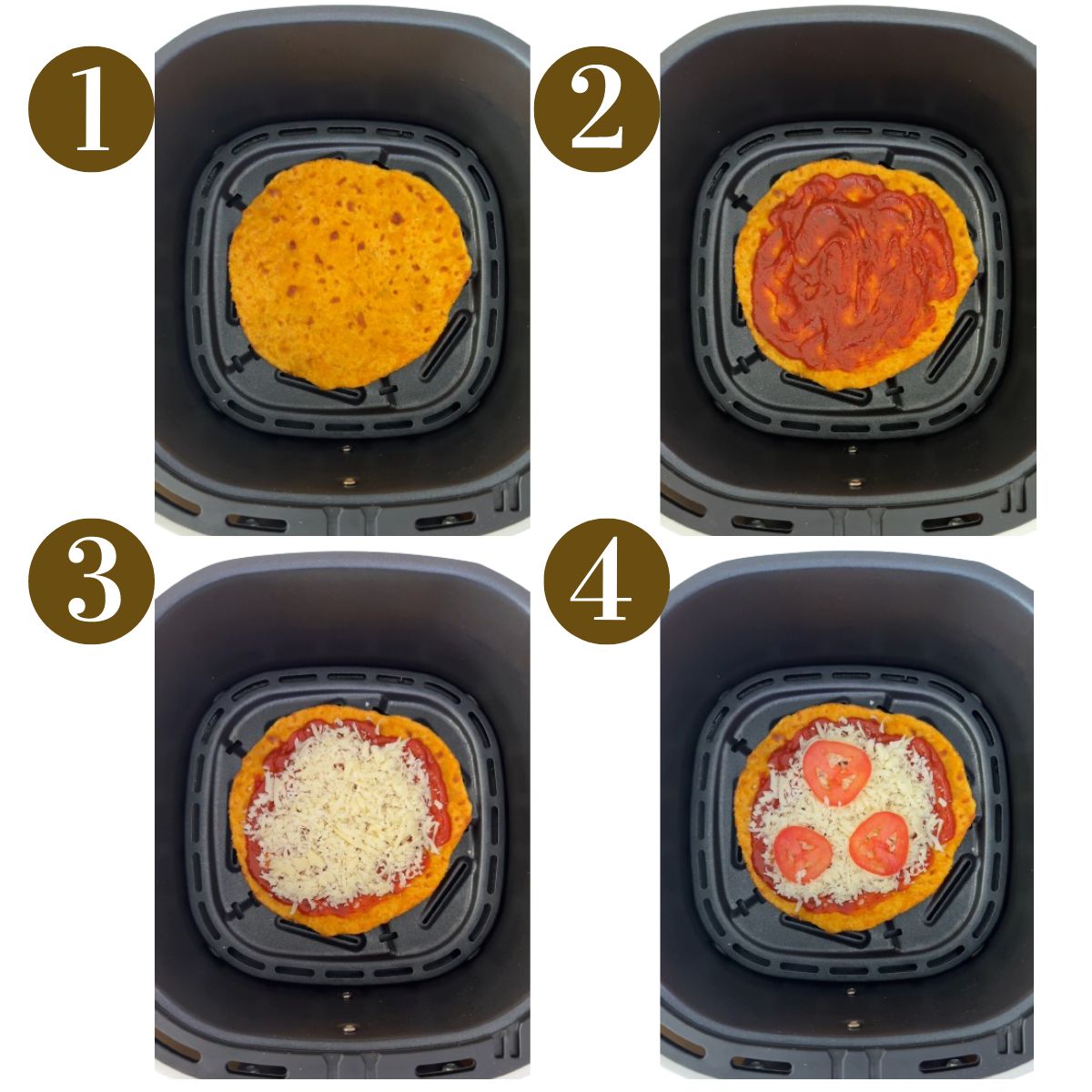 Steps to make air fryer tortilla pizzas.