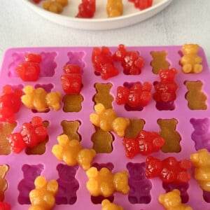 Homemade peach and watermelon gummy bears.