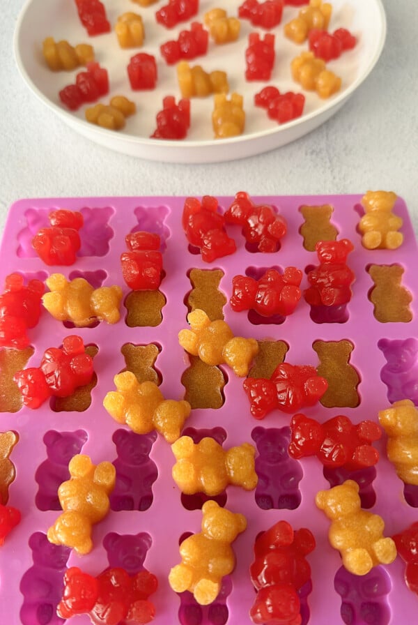 Homemade peach and watermelon gummy bears.