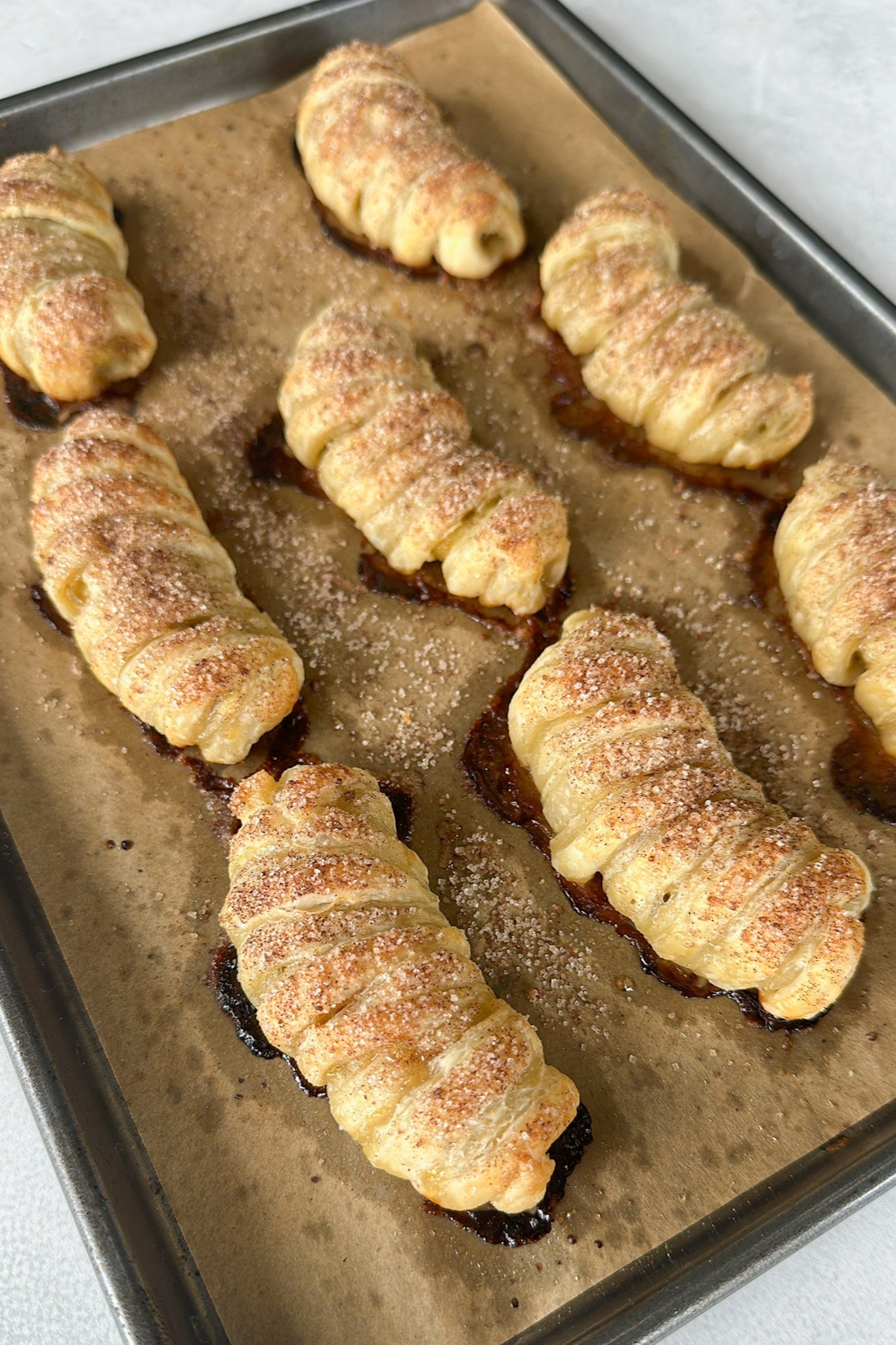 Freshly baked banana croissants.