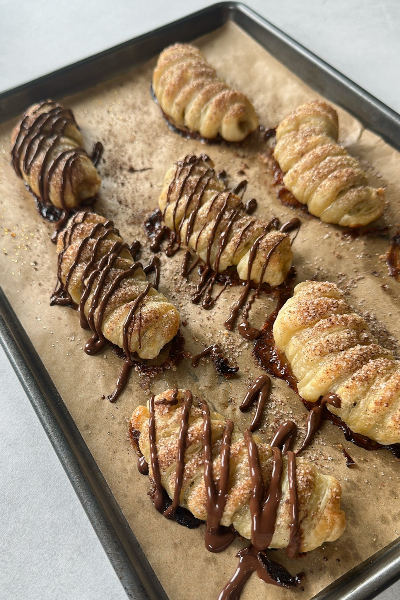 Freshly baked banana croissants.