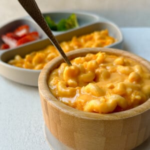 Sweet potato mac and cheese served in a bowl.