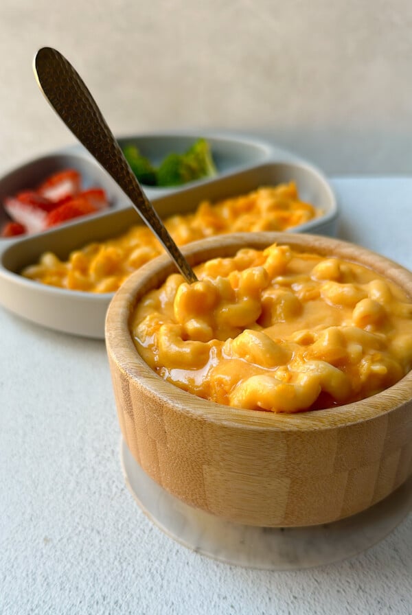 Sweet potato mac and cheese served in a bowl.