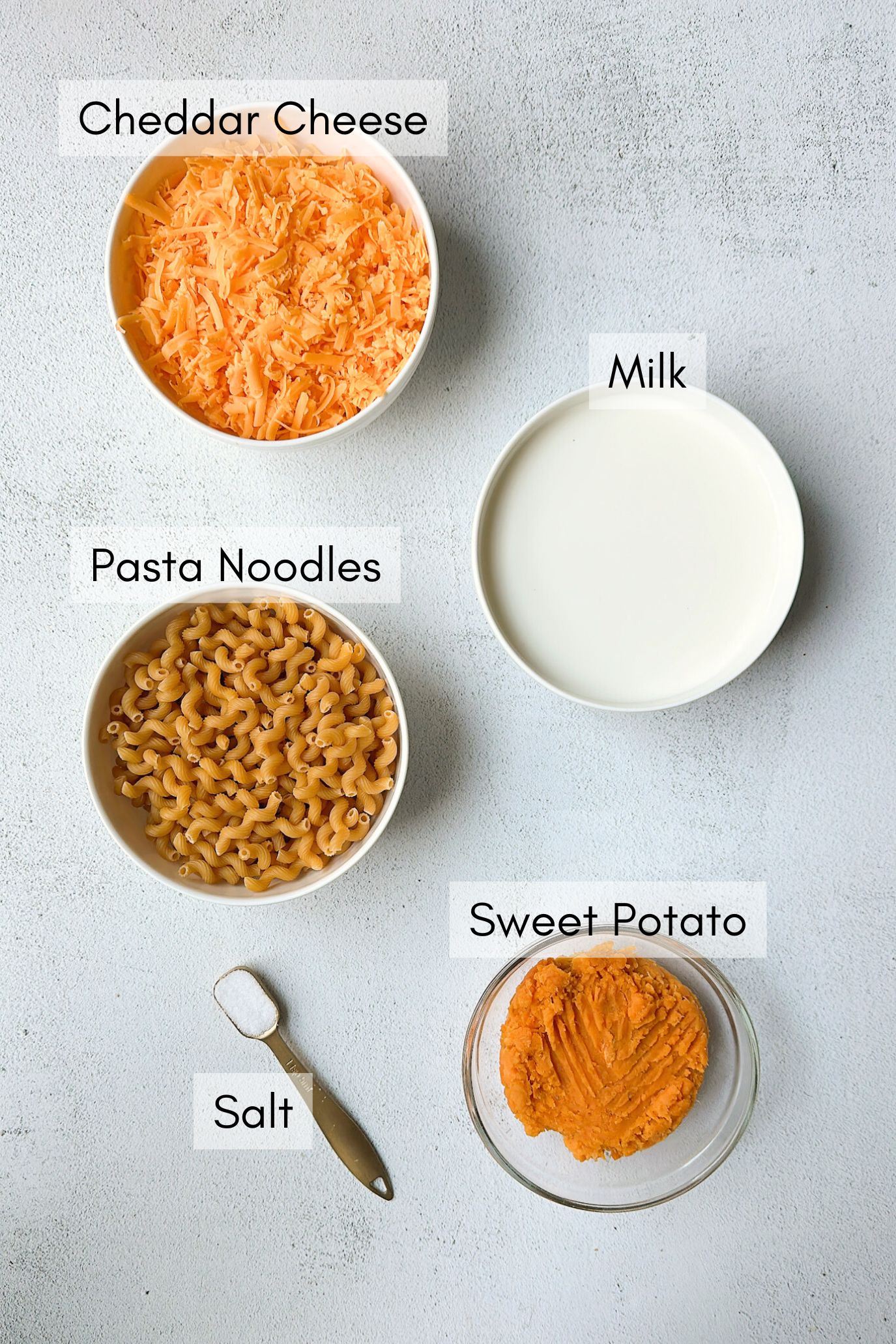 Ingredients to make sweet potato mac and cheese.