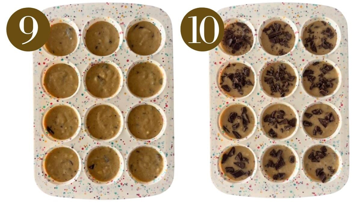 Steps to make chocolate chunk banana muffins.