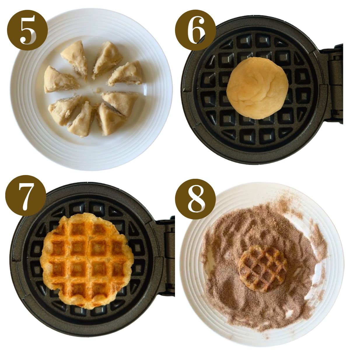 Steps to make churro waffles.