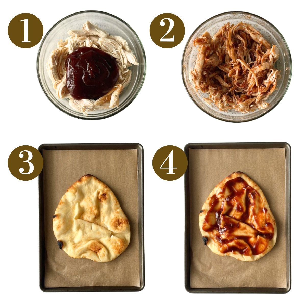 Steps to make BBQ chicken naan pizza.