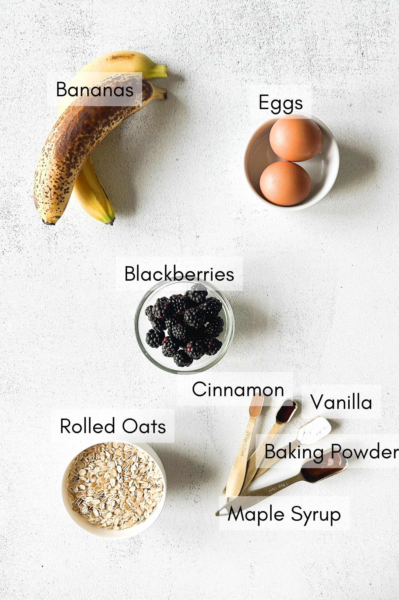 Ingredients to make banana blackberry oatmeal muffins.