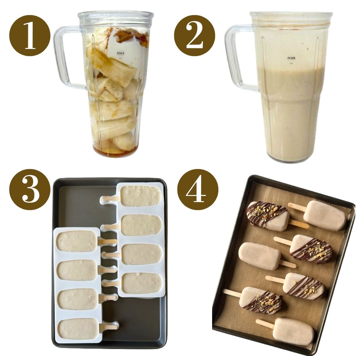 Steps to make banana popsicles.