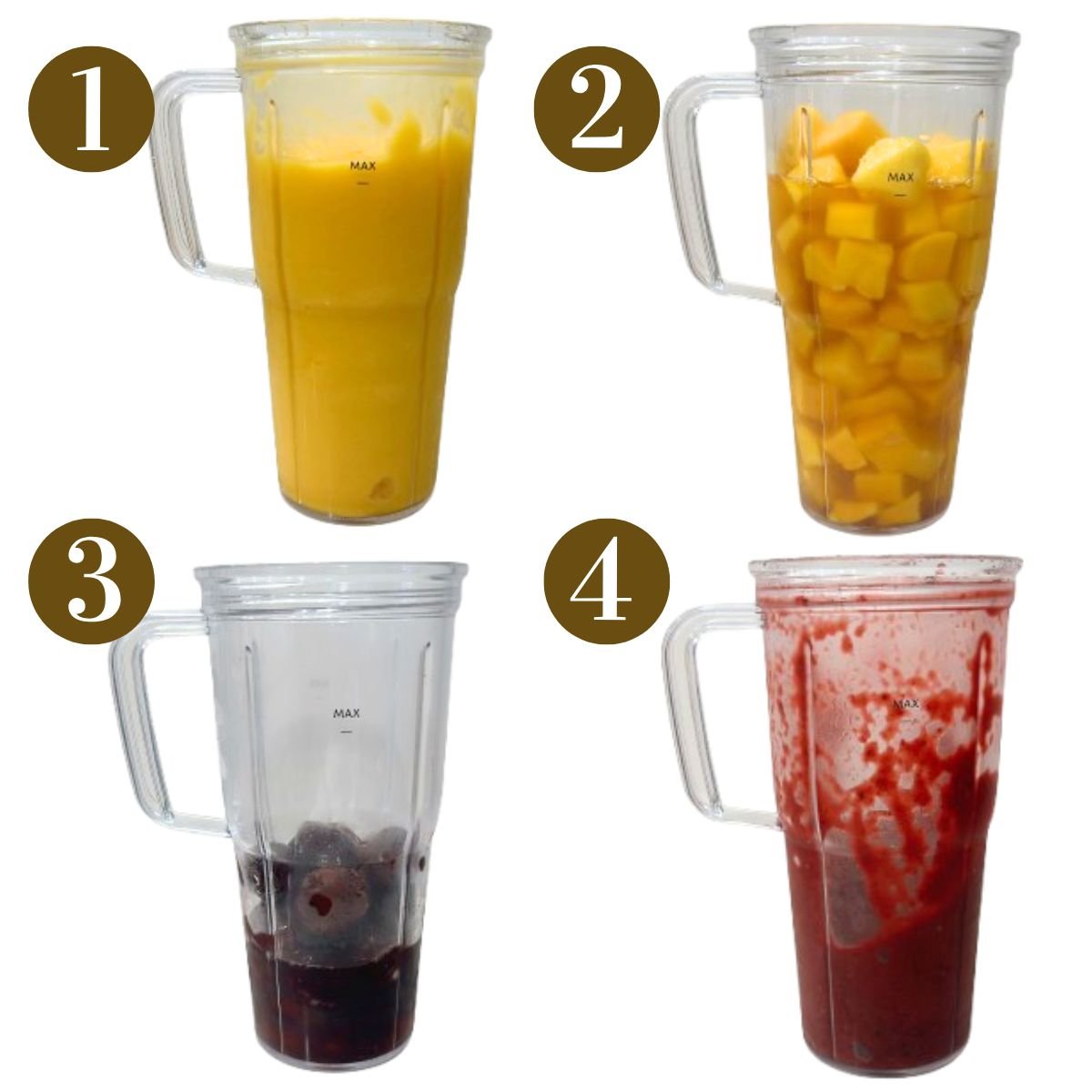 Steps to make mango cherry popsicles.