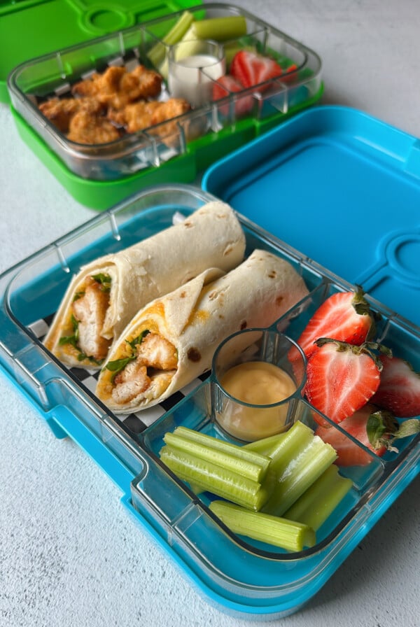 Chicken nuggets wrap served in a lunchbox.