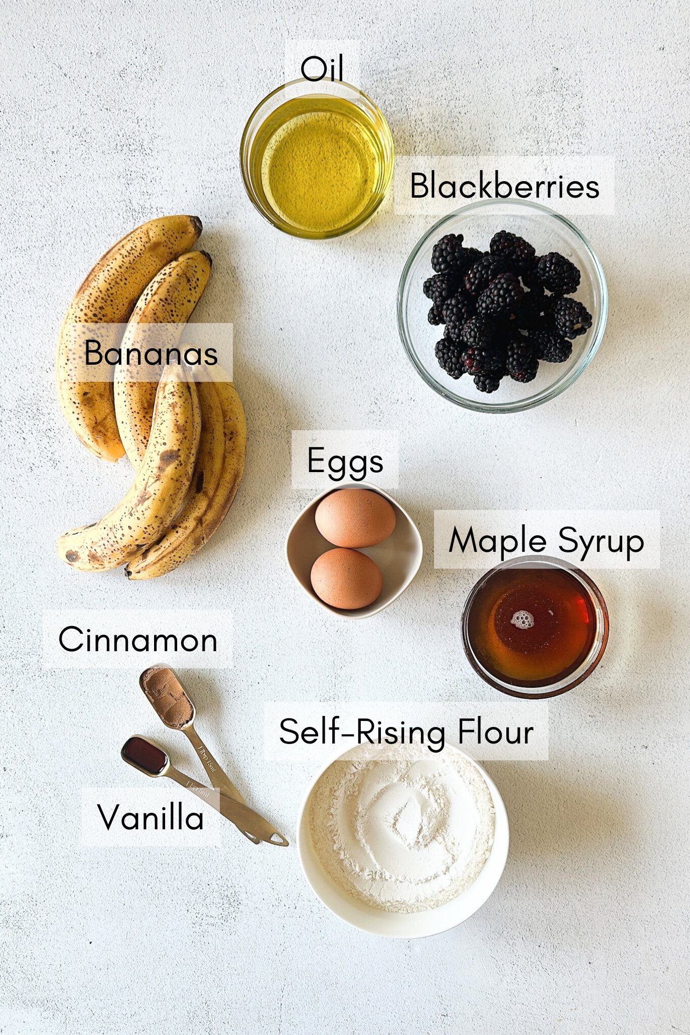 Ingredients to make blackberry banana muffins.
