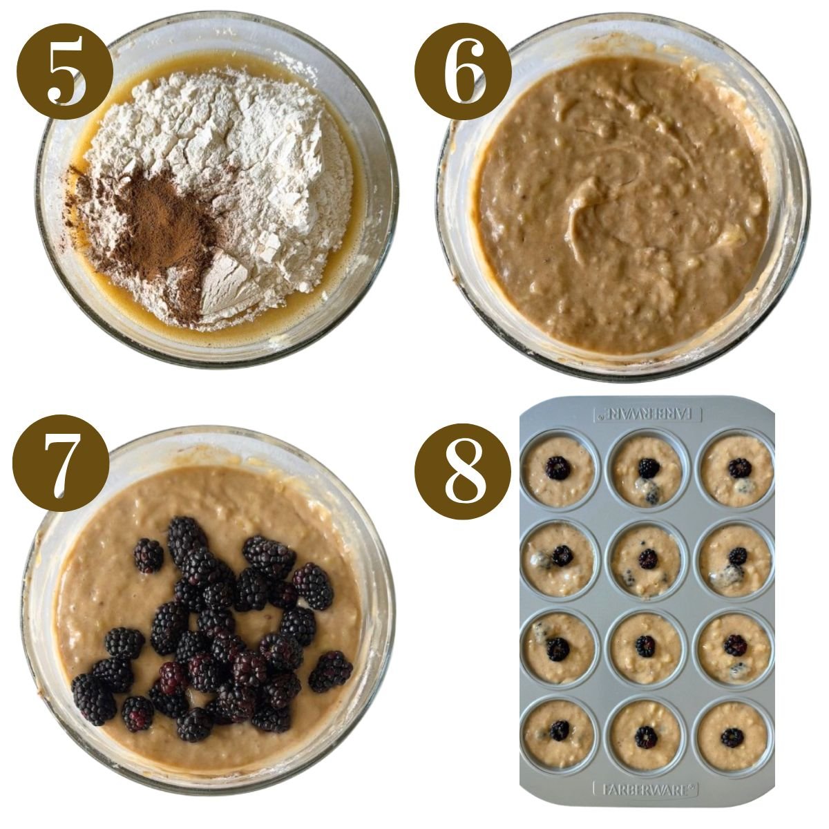 Steps to make blackberry banana muffins.