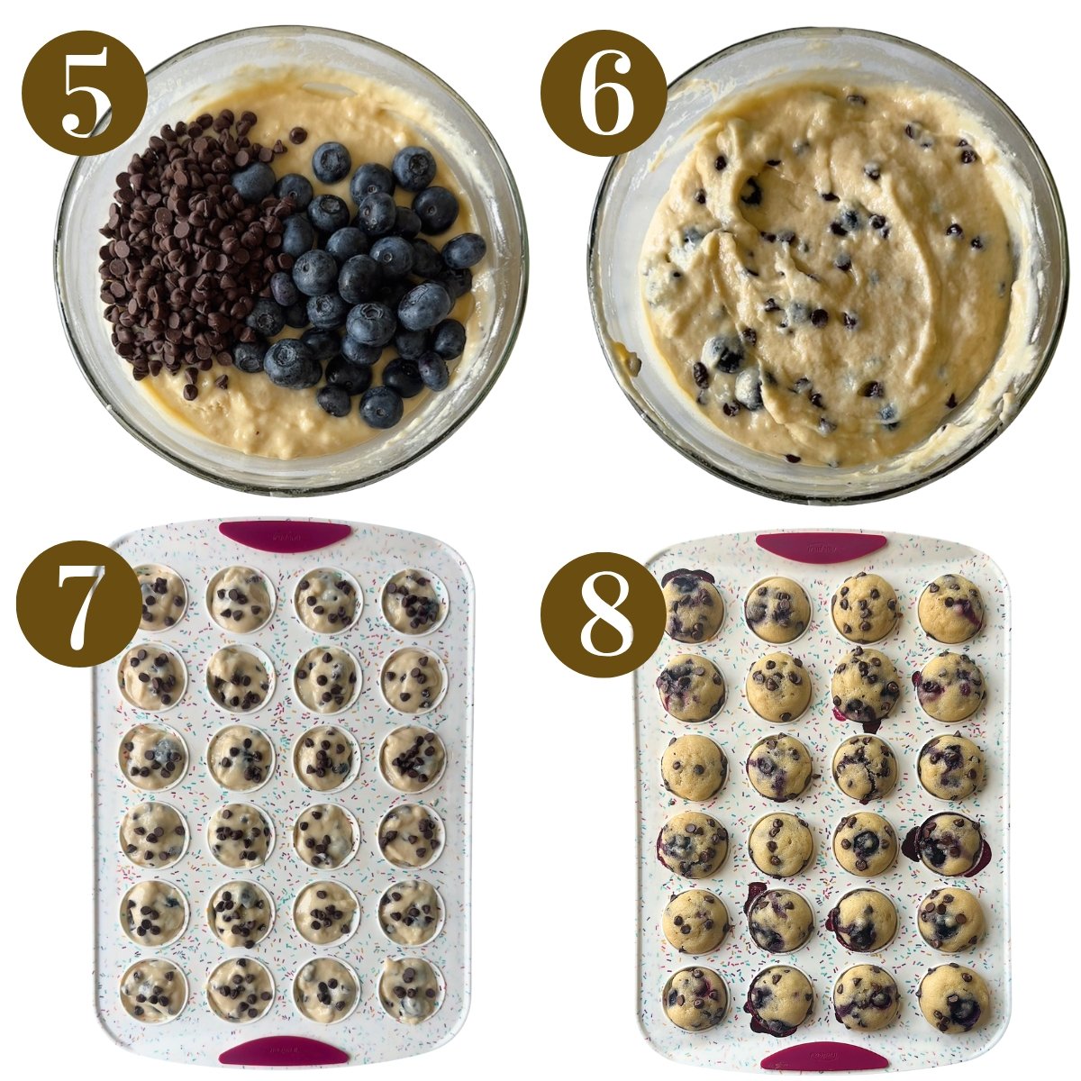 Steps to make blueberry chocolate chip muffins.
