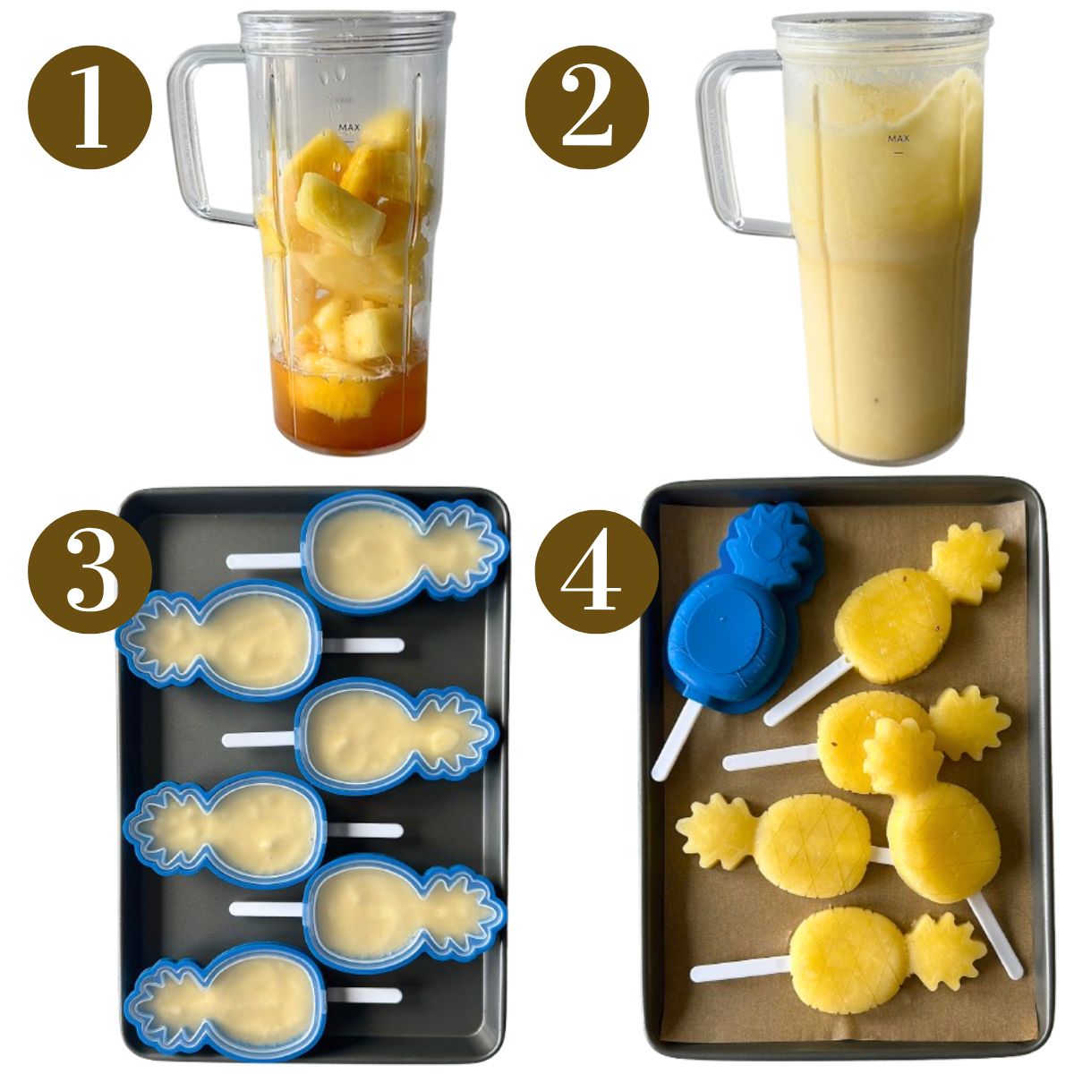 Steps to make pineapple popsicles.