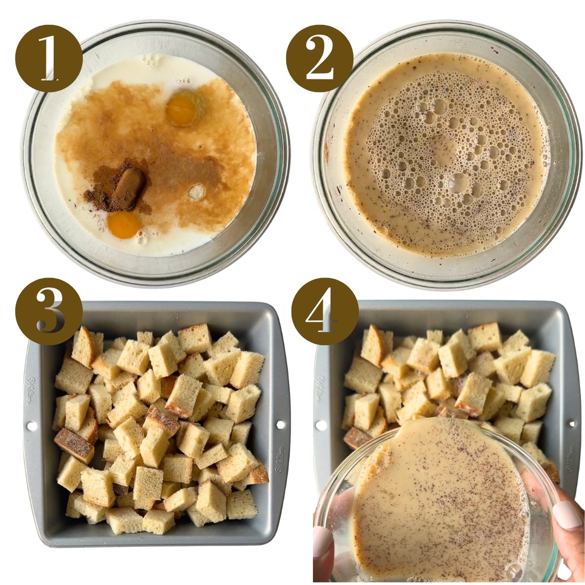 Steps to make sourdough French toast casserole.