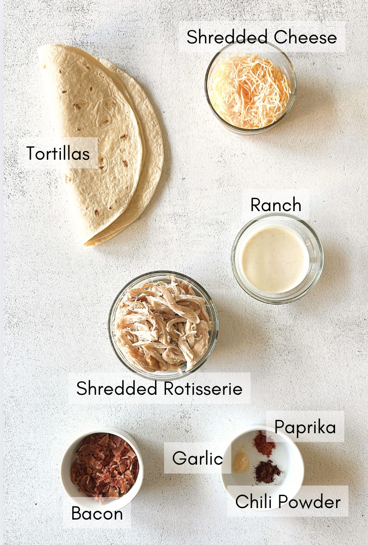 Ingredients to make chicken bacon ranch quesadillas.