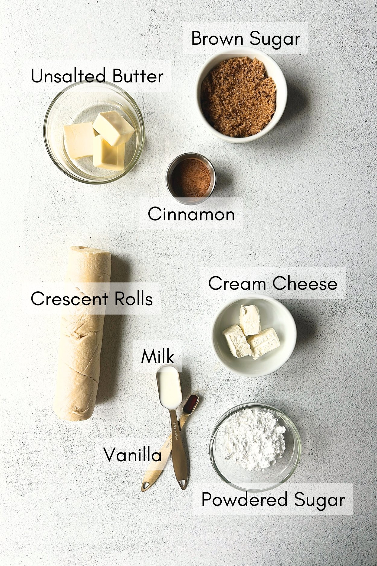 Ingredients to make crescent roll cinnamon rolls.