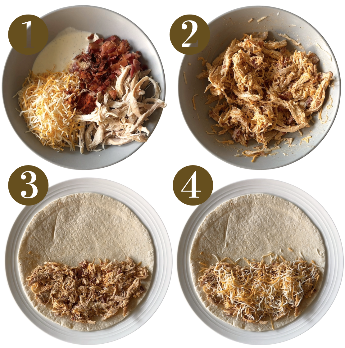 Steps to make chicken bacon ranch quesadillas.