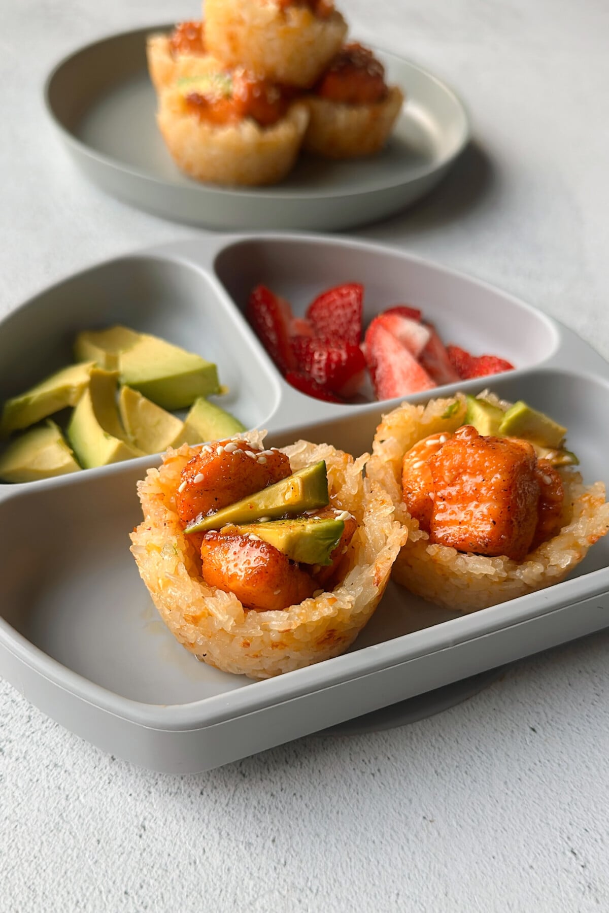 Cheesy Rice Cups (With Honey Glazed Salmon Bites) - Feeding Tiny Bellies