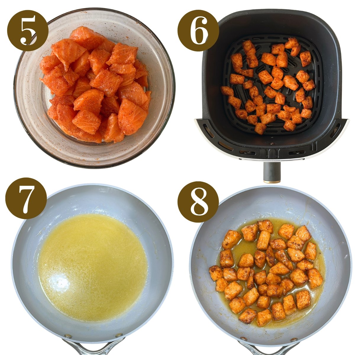 Steps to make cheesy rice cups with honey glazed salmon.