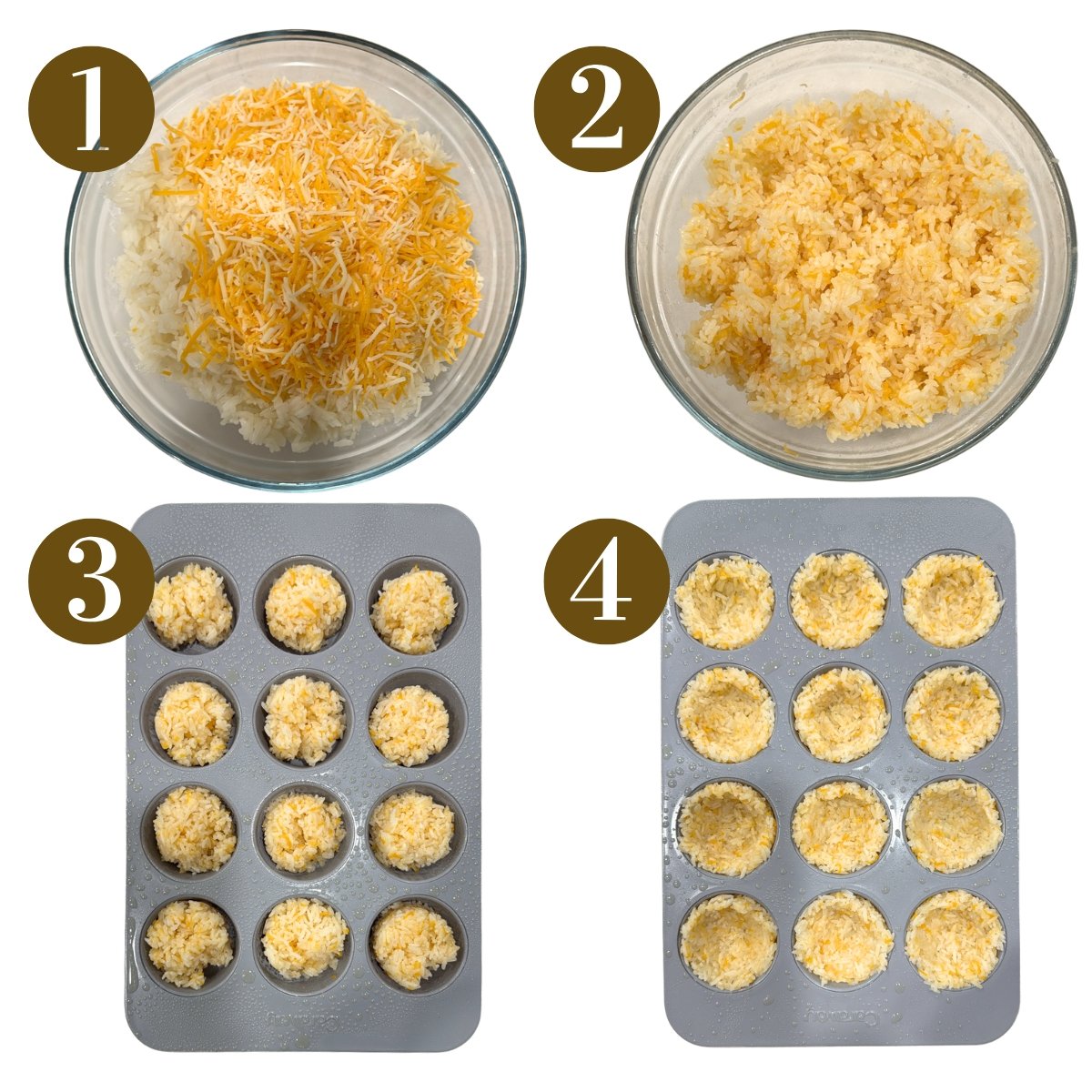 Steps to make cheesy rice cups with honey glazed salmon.