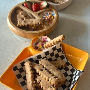 Chocolate chip cookie fries served with strawberries and yogurt dip.