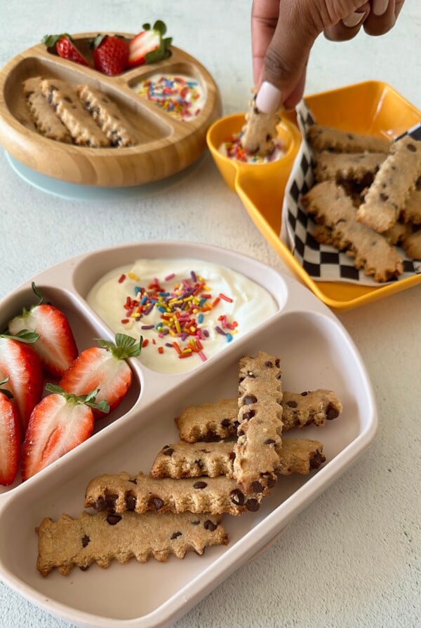 Chocolate chip cookie fries served with strawberries and yogurt dip.