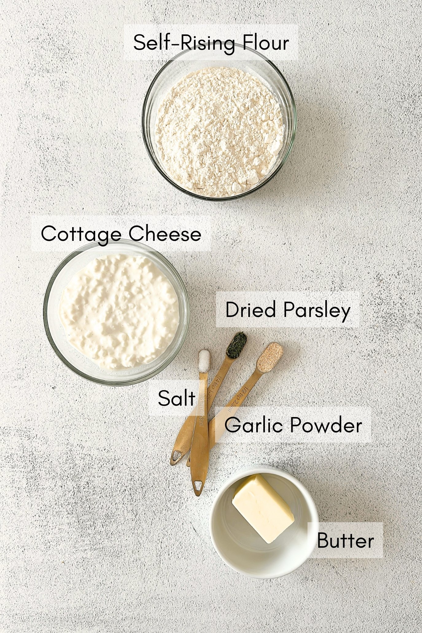 Ingredients to make homemade cottage cheese garlic knots.