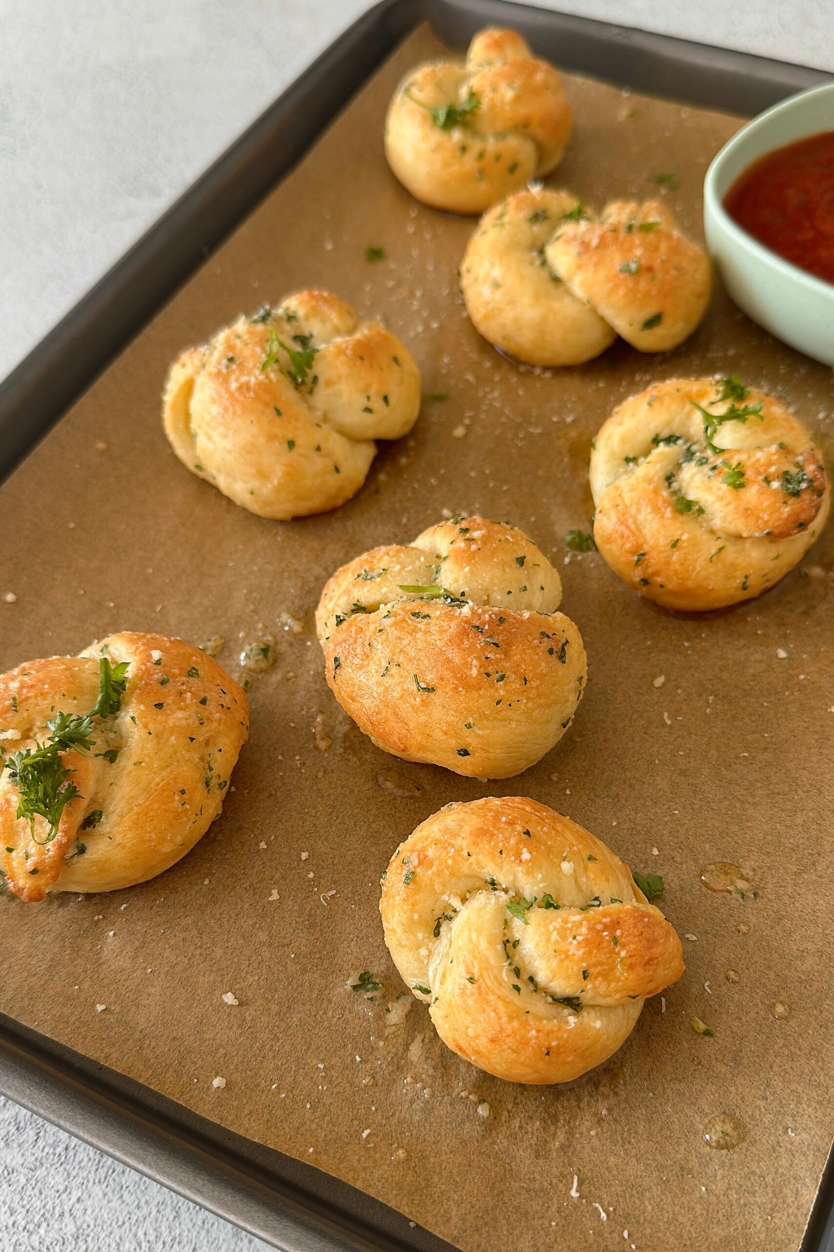 Garlic knots fresh out of the oven.
