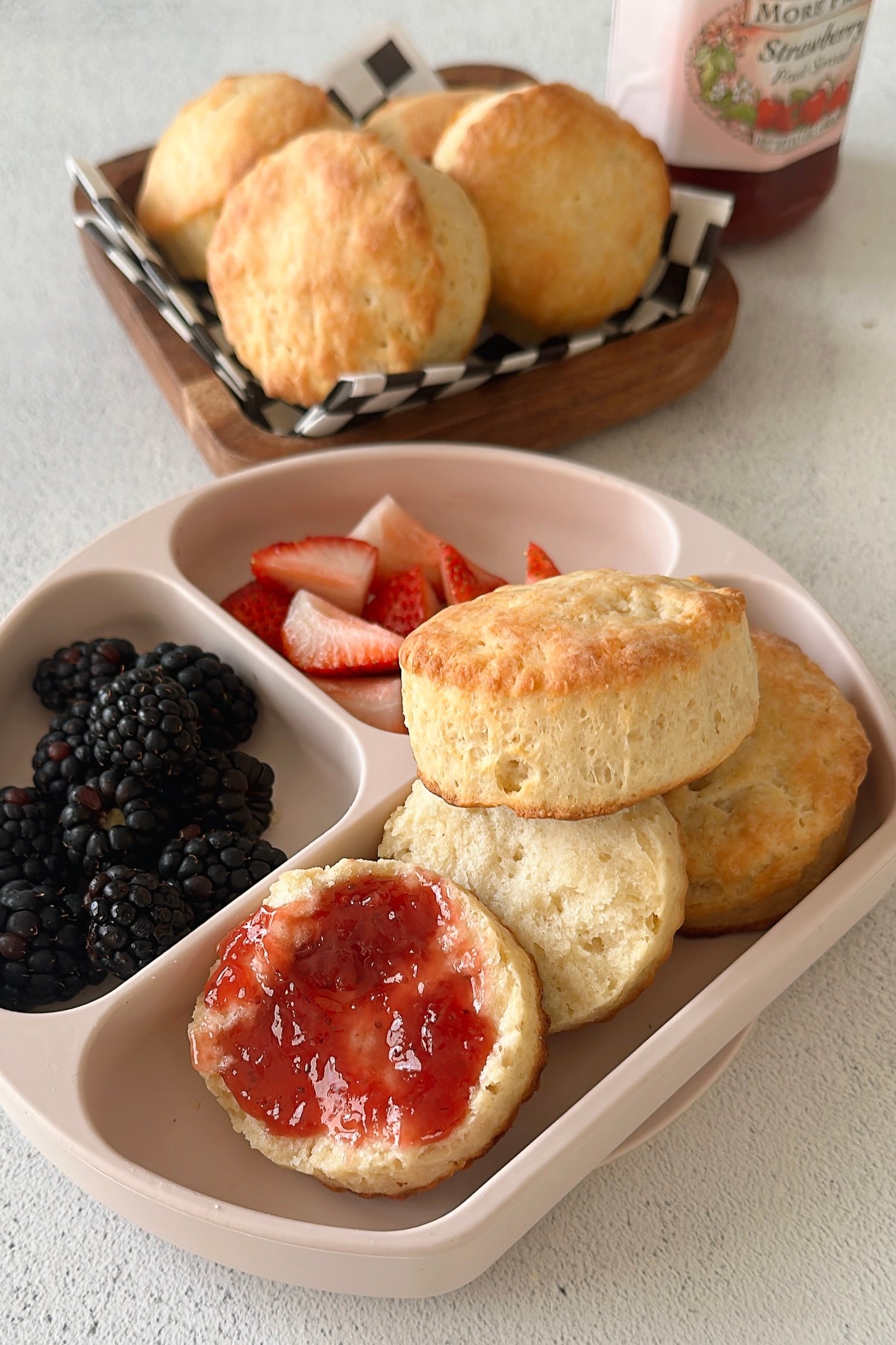 High protein biscuits served with berries.