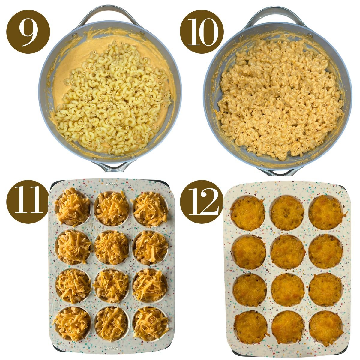Steps to make mac and cheese muffins.