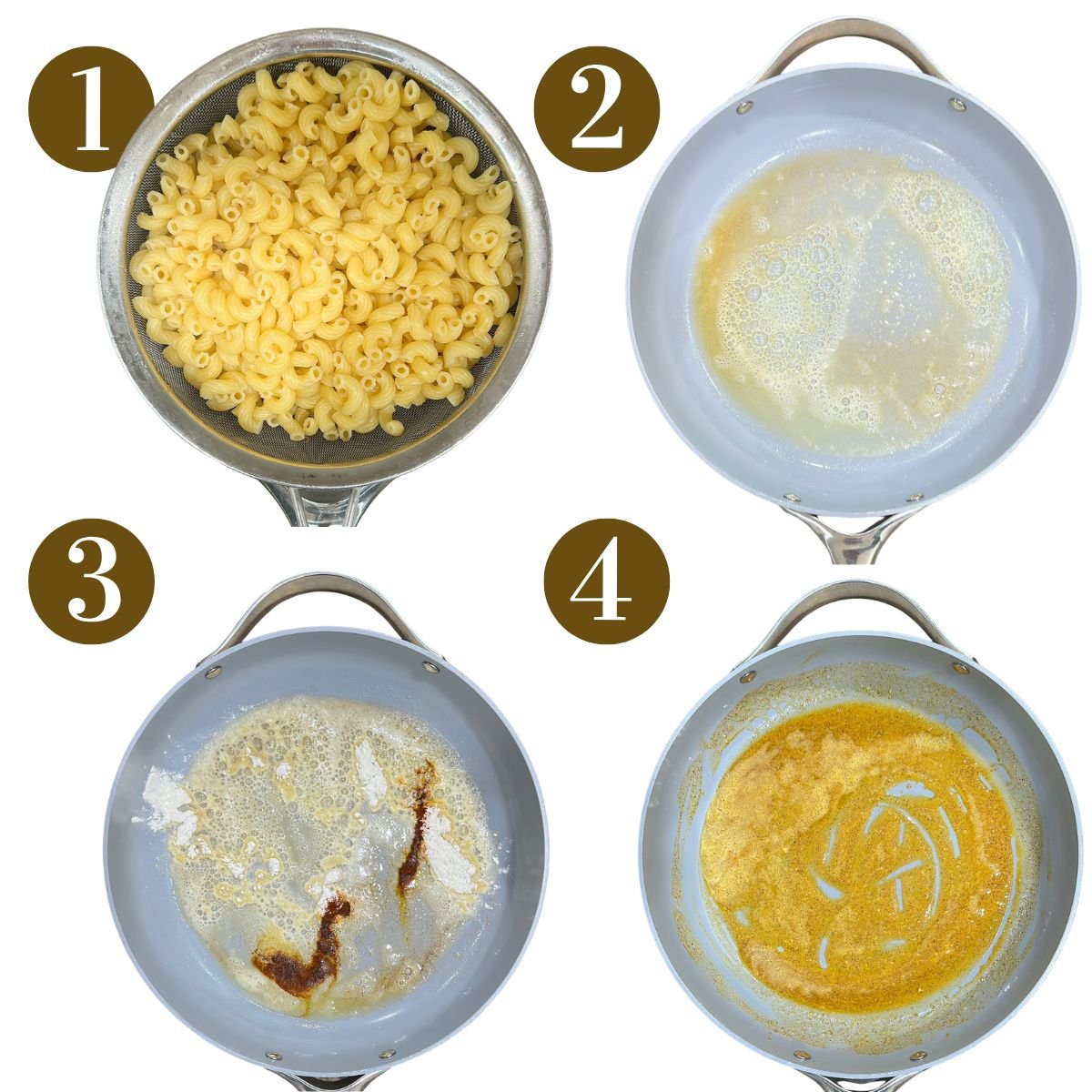 Steps to make mac and cheese muffins.