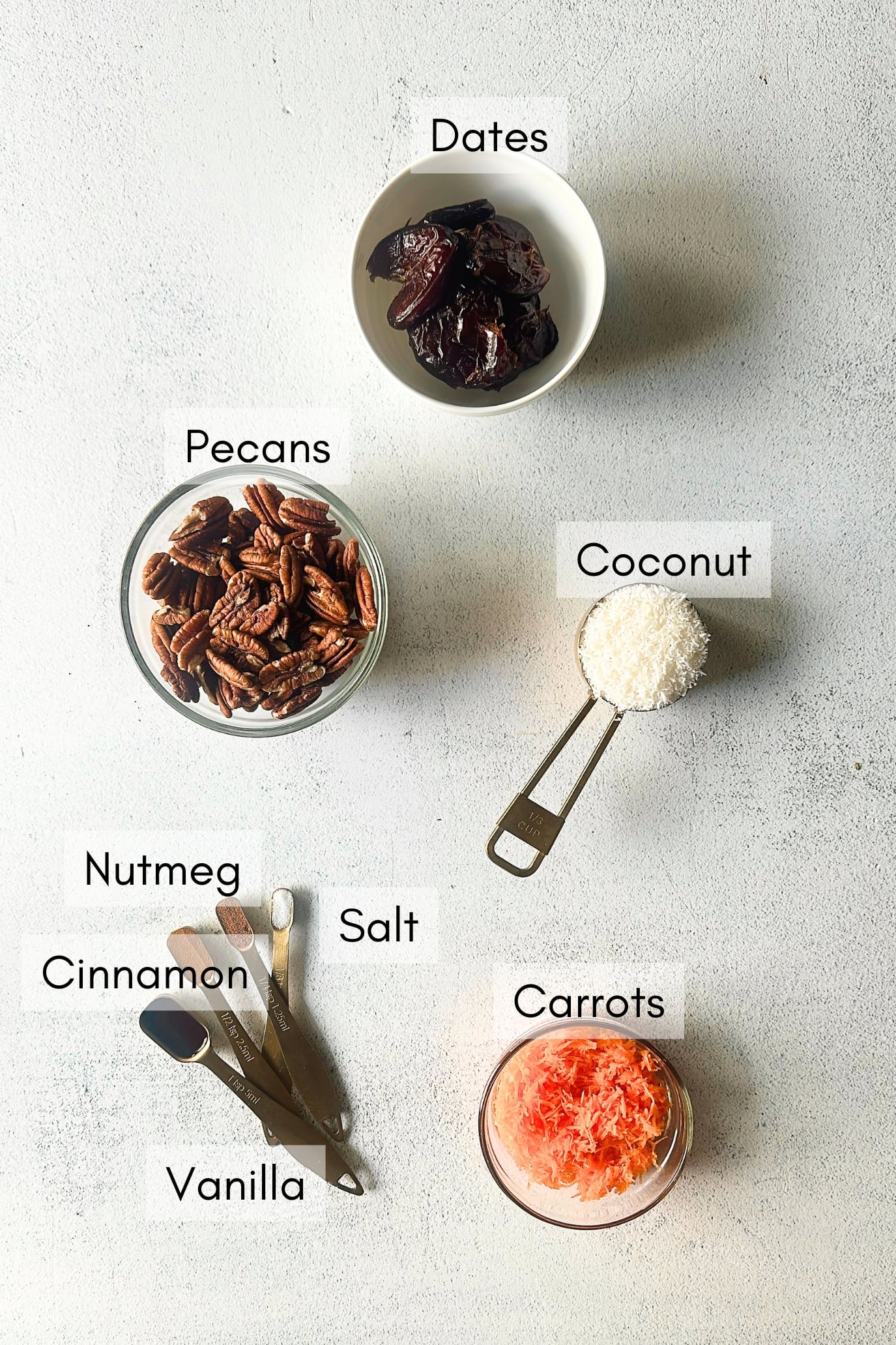 Ingredients to make carrot cake bliss balls.