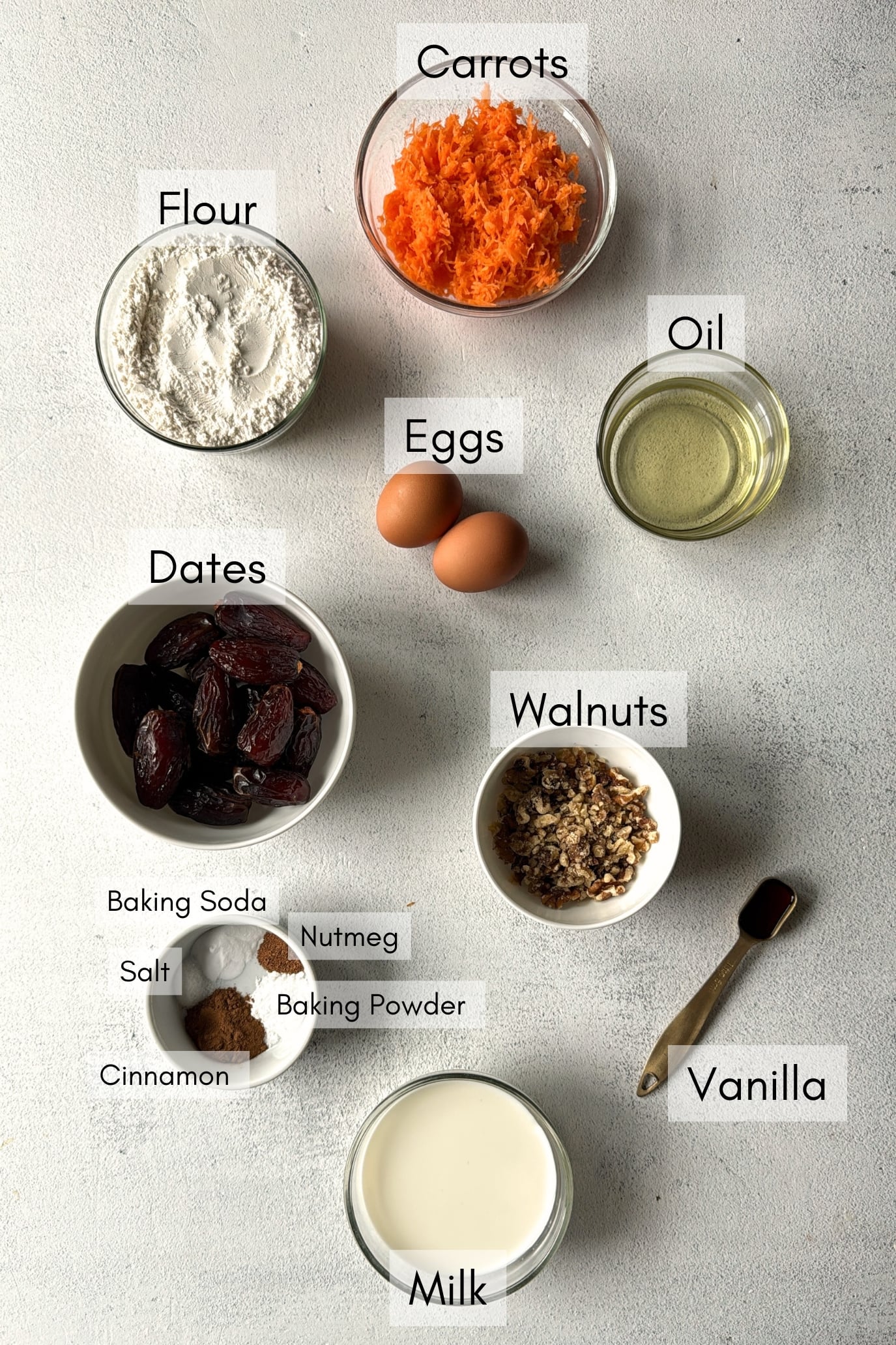 Ingredients to make carrot date cake.