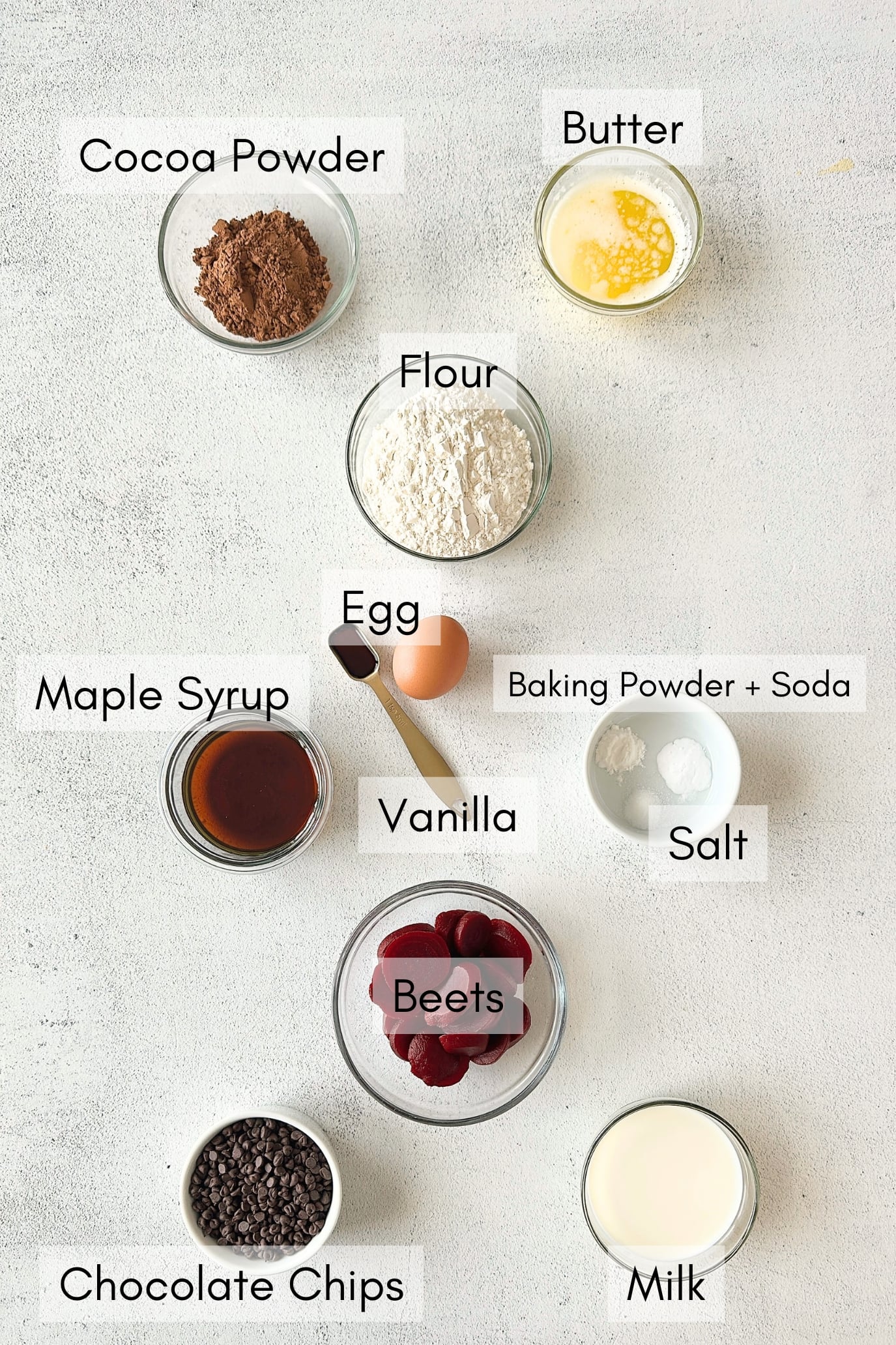 Ingredients to make chocolate beet muffins.