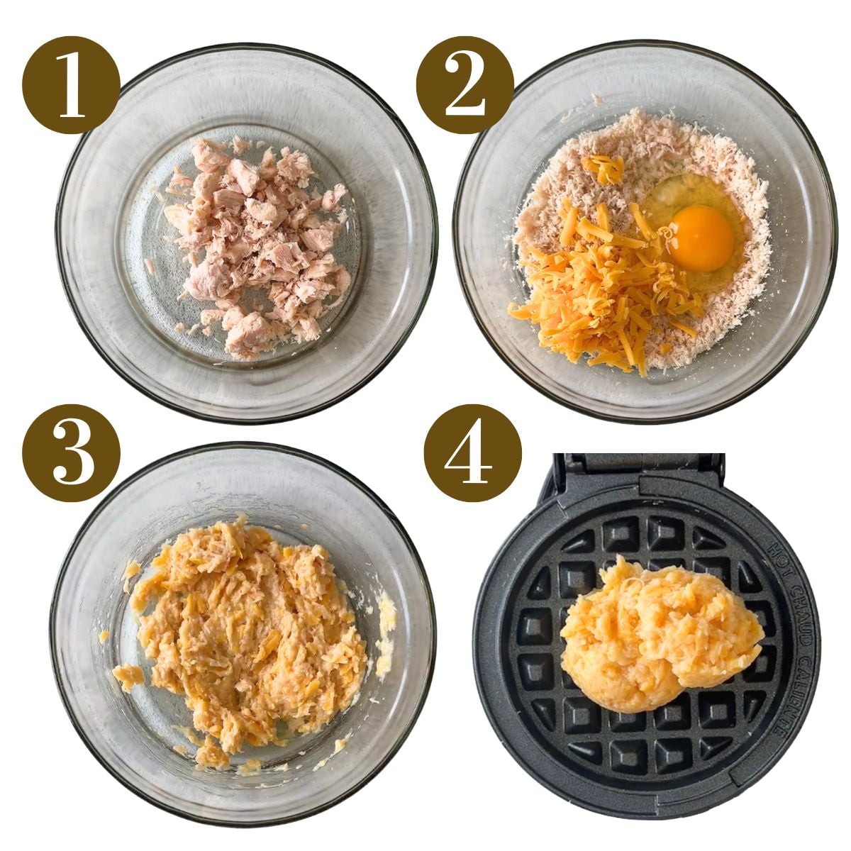 Steps to make 3 ingredient chicken waffles.